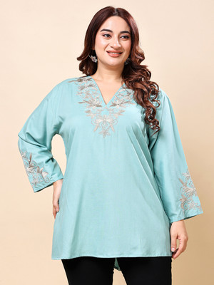 VAAMII Casual Embroidered Women Light Blue Top