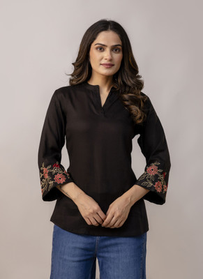 Rangrekha Creations Casual Embroidered, Floral Print Women Black Top