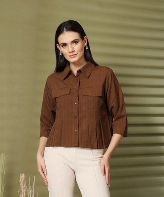 PLUSS Casual Solid Women Brown Top