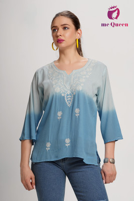 mequeen Casual Ombre Women Blue, White Top