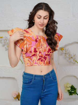 Threadflix Casual Floral Print Women Orange, Pink Top