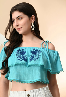PRETTY LOVING THING Party Self Design Women Dark Blue Top