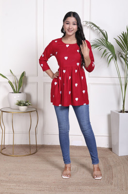 LUCKVIFASHION Casual Printed Women Red Top