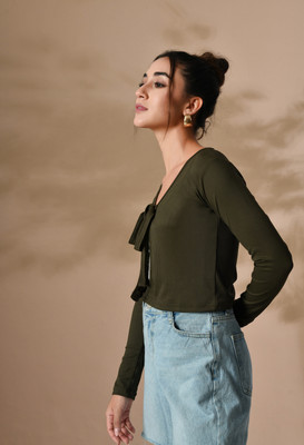 ZEUGEN Party Solid Women Green Top
