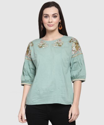 PLUSS Casual Bishop Sleeve Embroidered Women Green Top