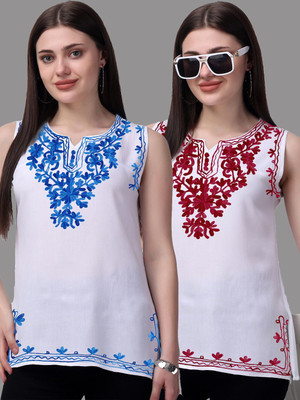 aakrushi Casual Embroidered Women Light Blue, Multicolor Top