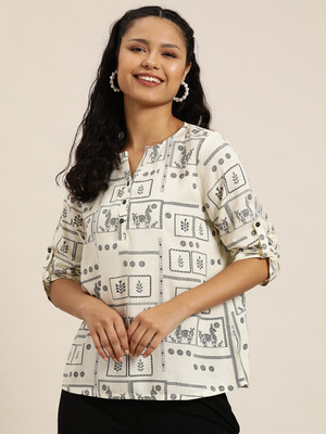Bhiterwal Casual Printed Women White, Black Top