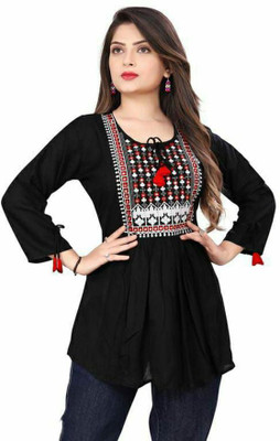 Savitricreation Casual Embroidered Women Black Top