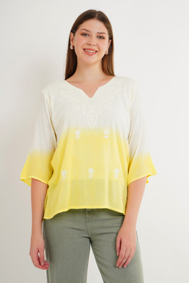 mequeen Casual Ombre Women Yellow Top