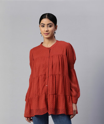 PLUSS Casual Self Design Women Red Top