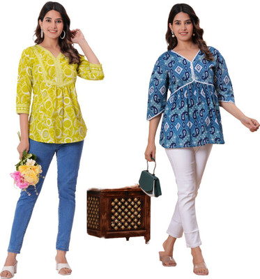 Threadflix Casual Printed Women Grey, Yellow Top
