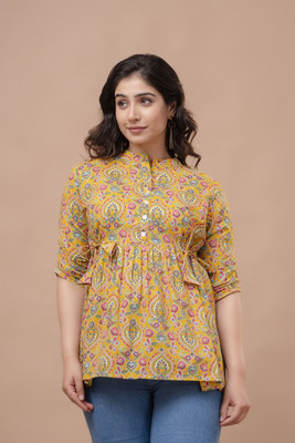 GULJIFASHION Casual Printed Women Yellow Top