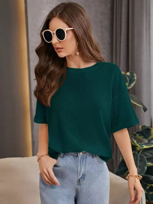 KOTY Casual Solid Women Dark Green Top