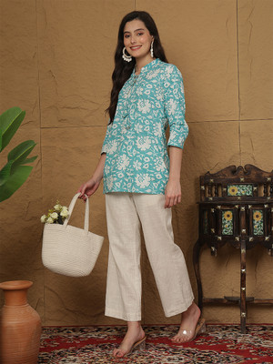 GLAM ROOTS Casual Floral Print Women Green Top