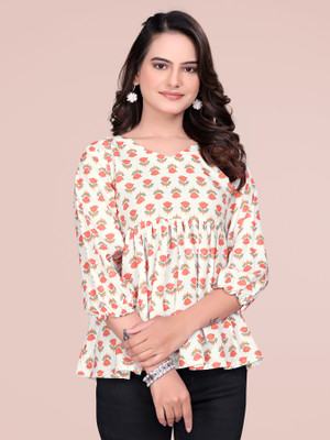 Diamoon Formal Floral Print Women White, Pink Top