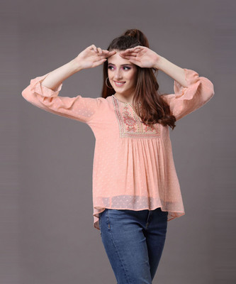 Selvia Casual Embroidered, Embellished Women Orange Top