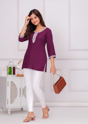 NEW4U Casual Embroidered Women Purple Top