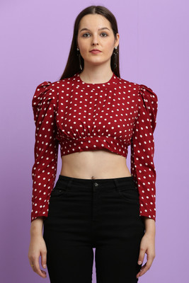 CLOTHINK India Casual Polka Print Women Red Top