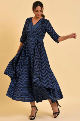 W Women Fit and Flare Blue, Black Maxi/Full Length Dress