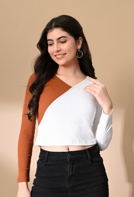 HouseOfCommon Casual Color Block Women Brown, White Top