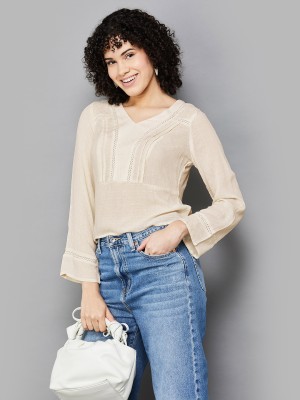 Fame Forever by Lifestyle Casual Solid Women Beige Top