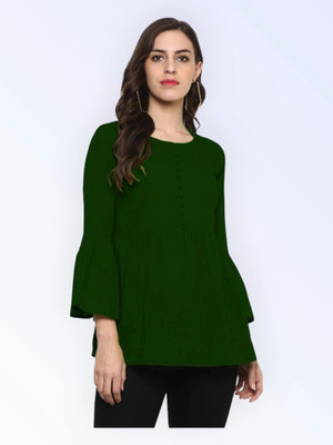 HouseOfCommon Casual Solid Women Dark Green Top