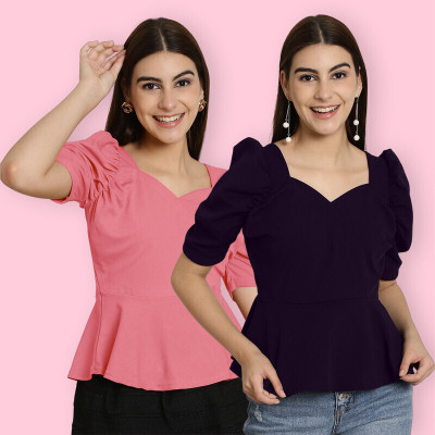 Tromko Casual Solid Women Pink, Dark Blue Top