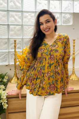 DAKSHFAB Casual Printed Women Yellow Top
