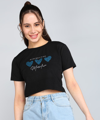Flicfol Casual Printed Women Black Top