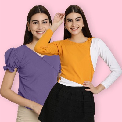 Tromko Casual Solid Women Purple, Yellow, White Top