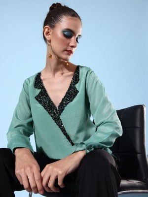 QUIERO Casual Embellished Women Green Top