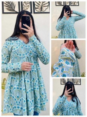 HouseOfCommon Women Printed Flared Kurta(Light Blue)