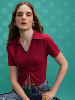 Tokyo Talkies Casual Self Design Women Maroon Top