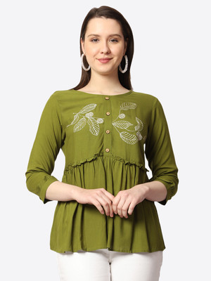 Prettify Casual Embellished Women Green Top