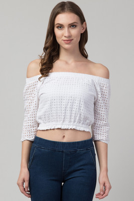 HouseOfCommon Casual Embroidered Women White Top