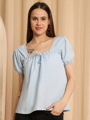 NEUDIS Casual Solid Women Light Blue Top