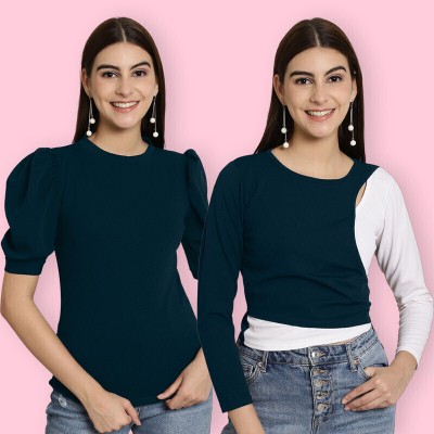 Tromko Casual Solid Women Dark Blue, White Top