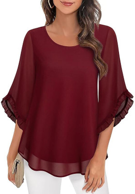 PILKU Party Solid Women Maroon Top