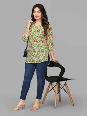 HouseOfCommon Casual Printed Women Light Green Top