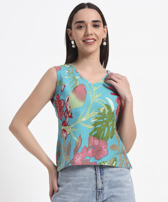 abhisa Casual Floral Print Women Light Blue Top