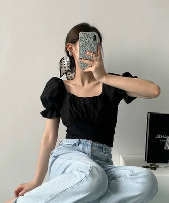 MOJOO Casual Solid Women Black Top