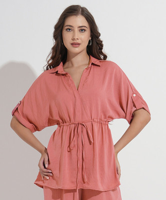 FashFun Formal 3/4 Sleeve Solid Women Pink Top