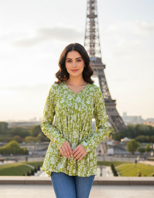 Desi Beats Casual Floral Print Women Green Top
