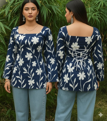 SANGOURI Casual Floral Print Women Dark Blue Top