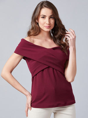 ATHENA Party Short Sleeve Solid Women Maroon Top