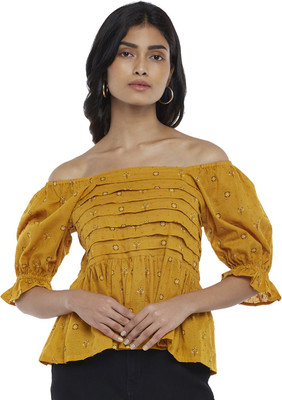 PEOPLE Casual Floral Print Women Yellow Top