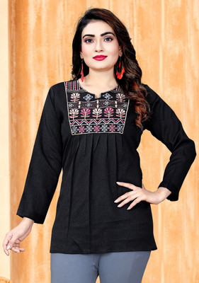 MAPRI Casual Embroidered Women Black Top