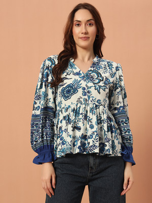 THE DRY STATE Women Floral Print Straight Kurta(Blue, White)