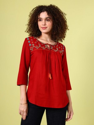 AMOUR ERA Casual Embroidered Women Maroon Top