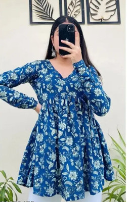 Fastintime Casual Floral Print Women Blue Top
